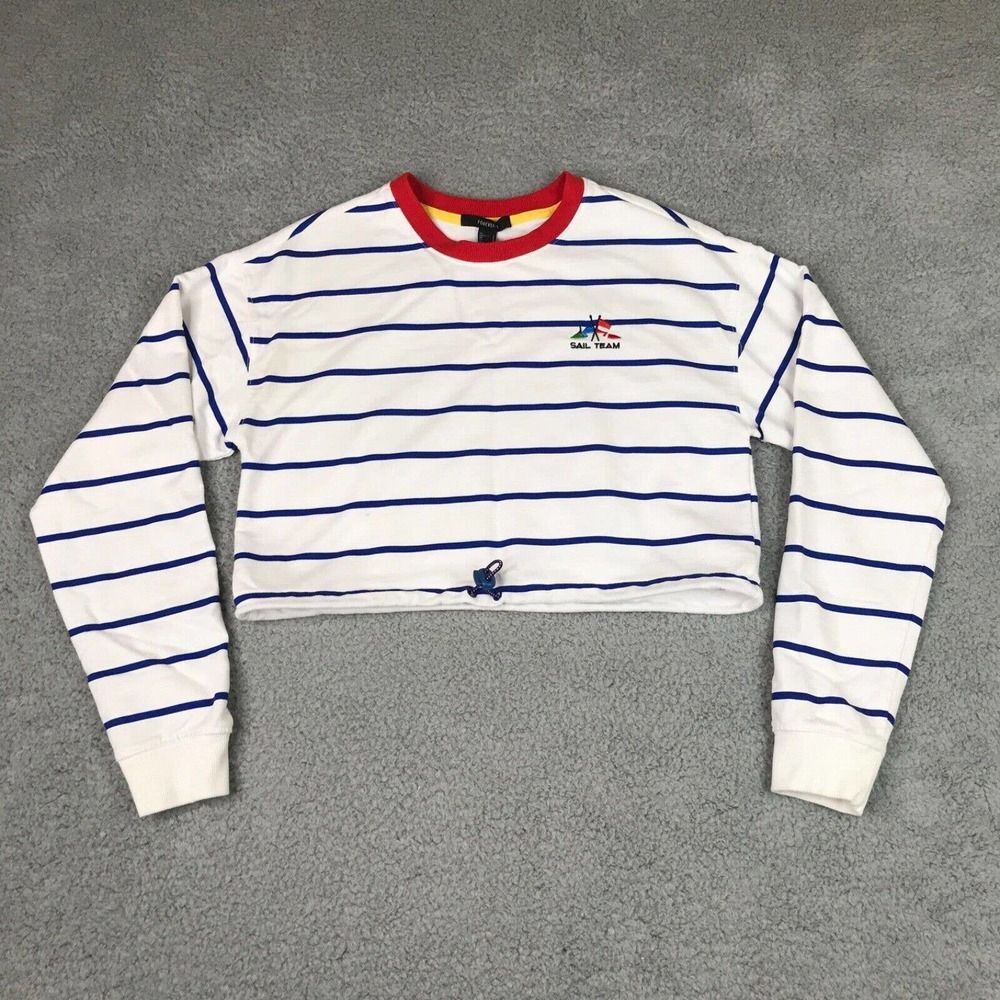 Forever 21 Sweater Women Small Striped Sail Team Pullover Cropped Drawstring